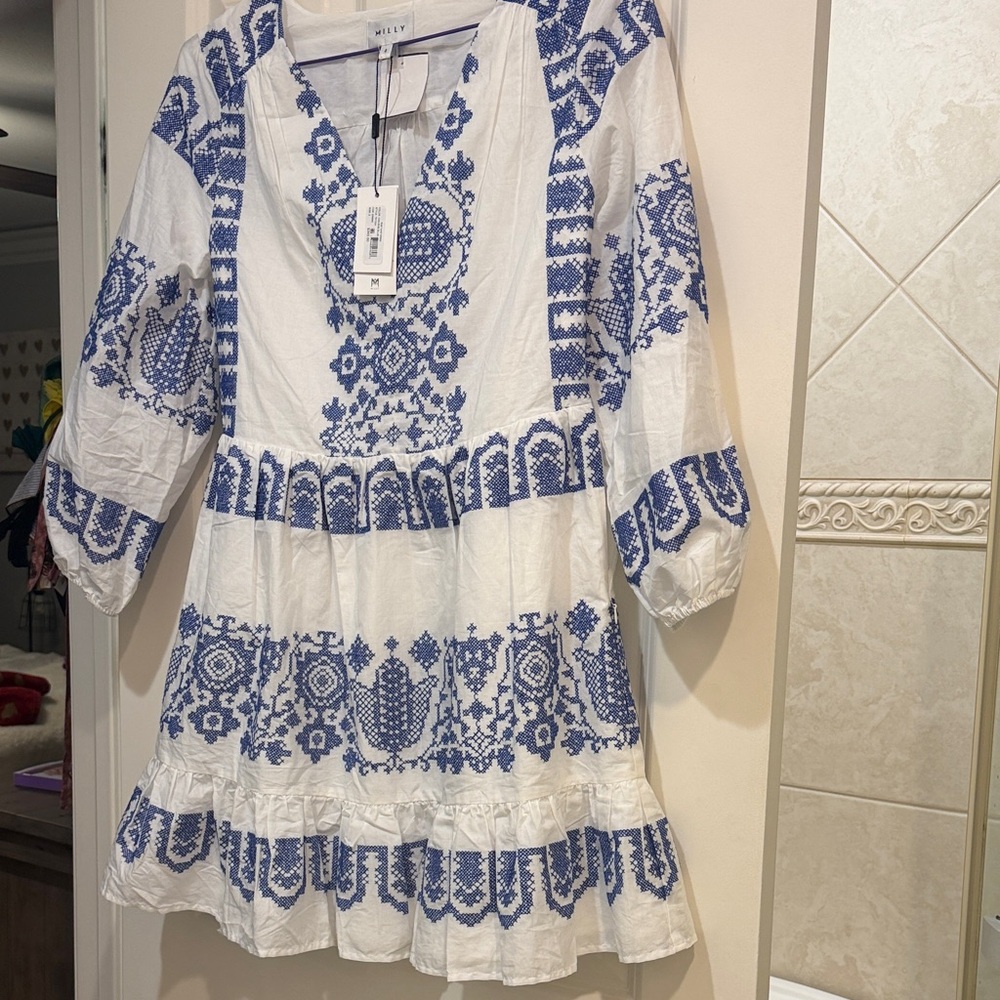Milly White Mini Dress with Blue Embroidered Pattern